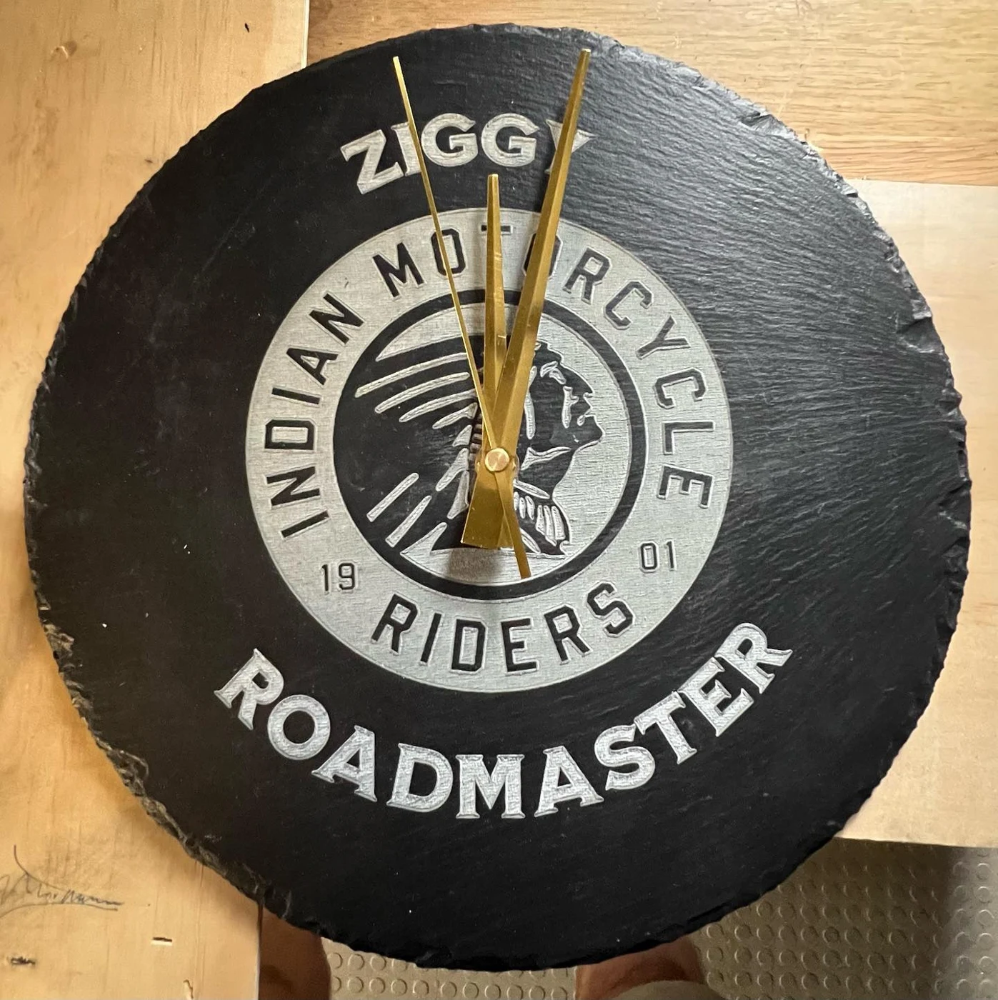Round personalised slate motorcycle club clock with engraved lettering