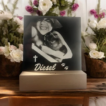 Engraved pet memorial keepsake featuring a photograph and the name Diesel