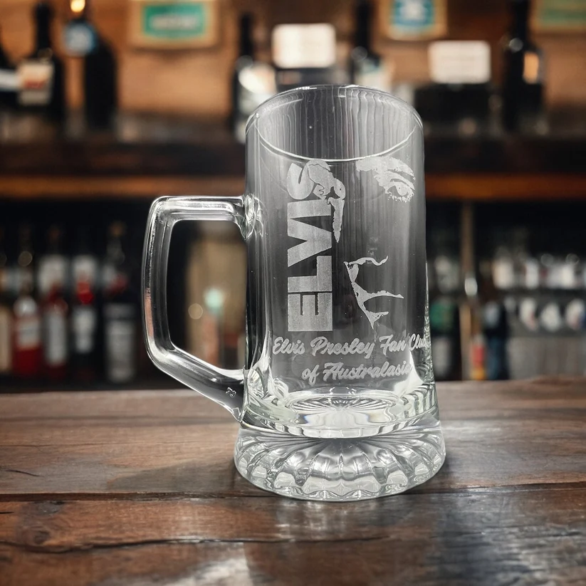 Engraved beer mug featuring an Elvis Presley fan club design