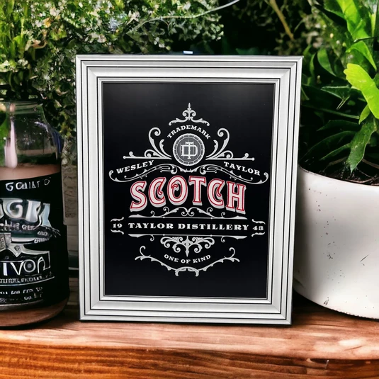 Framed Taylor Distillery sign with personalised decorative lettering