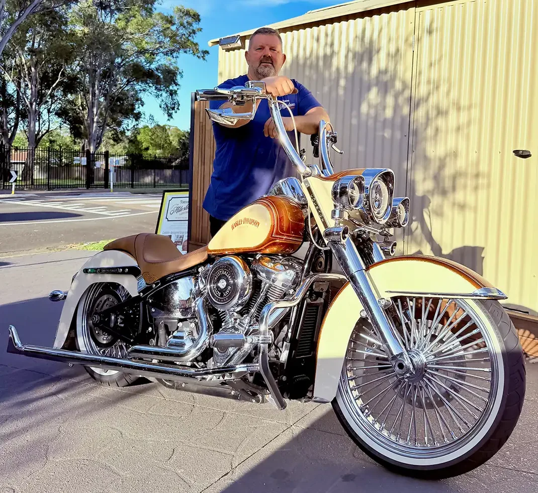 Phil Taylor with his custom Harley-Davidson motorcycle