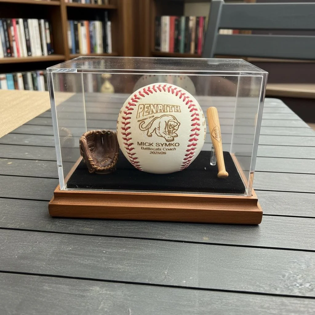 Personalised baseball presentation display with a miniature bat and glove