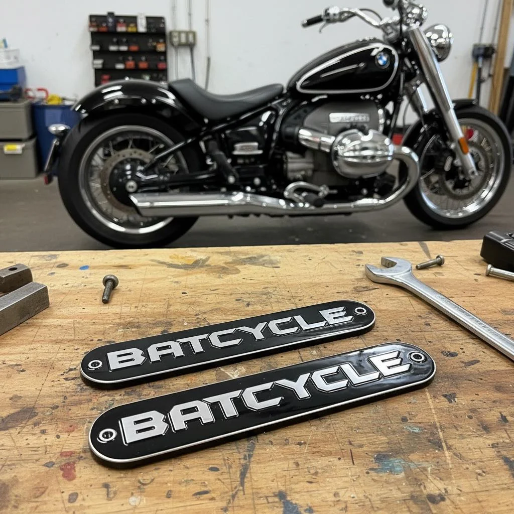 Custom BMW R18 engine badges displayed on a workbench in front of a motorcycle