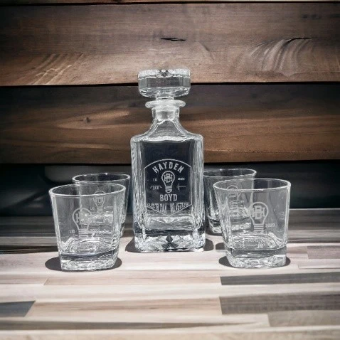 Custom engraved decanter with four matching glasses