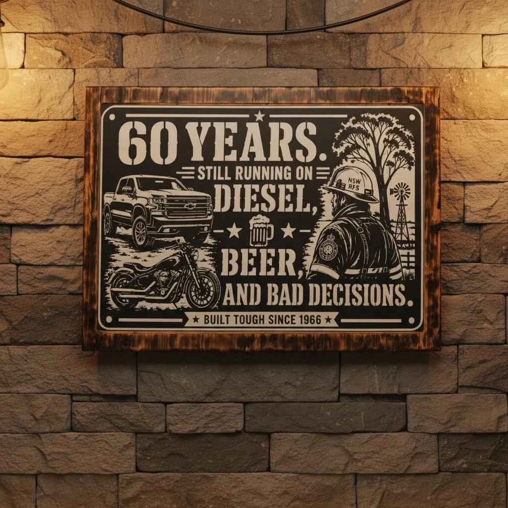 Custom aluminium and wood 60th birthday sign displayed on a stone wall