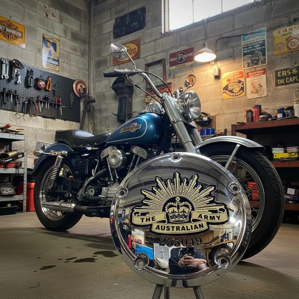 Chrome Australian Army themed motorcycle derby cover displayed in front of a blue motorcycle