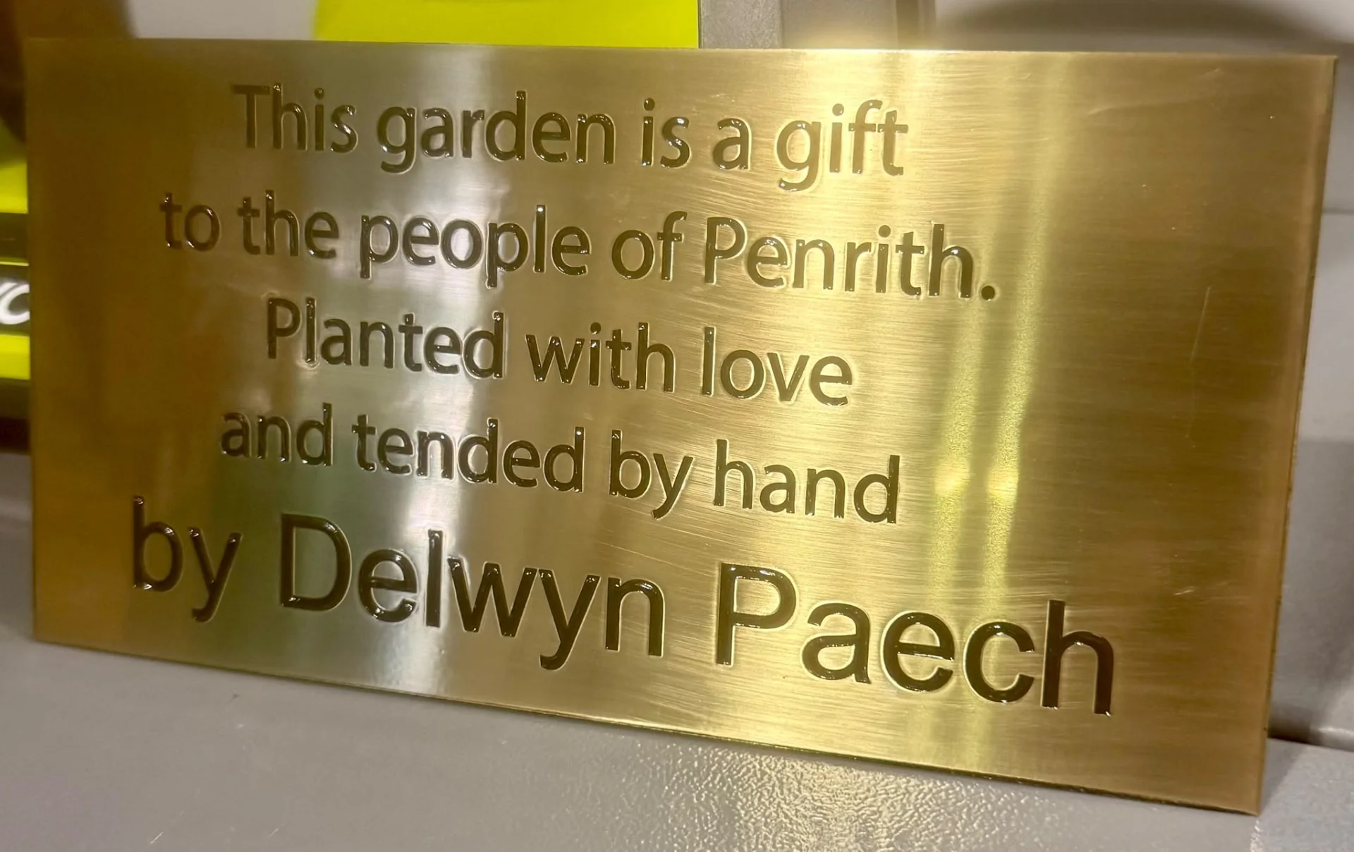 Large engraved brass community garden dedication plaque