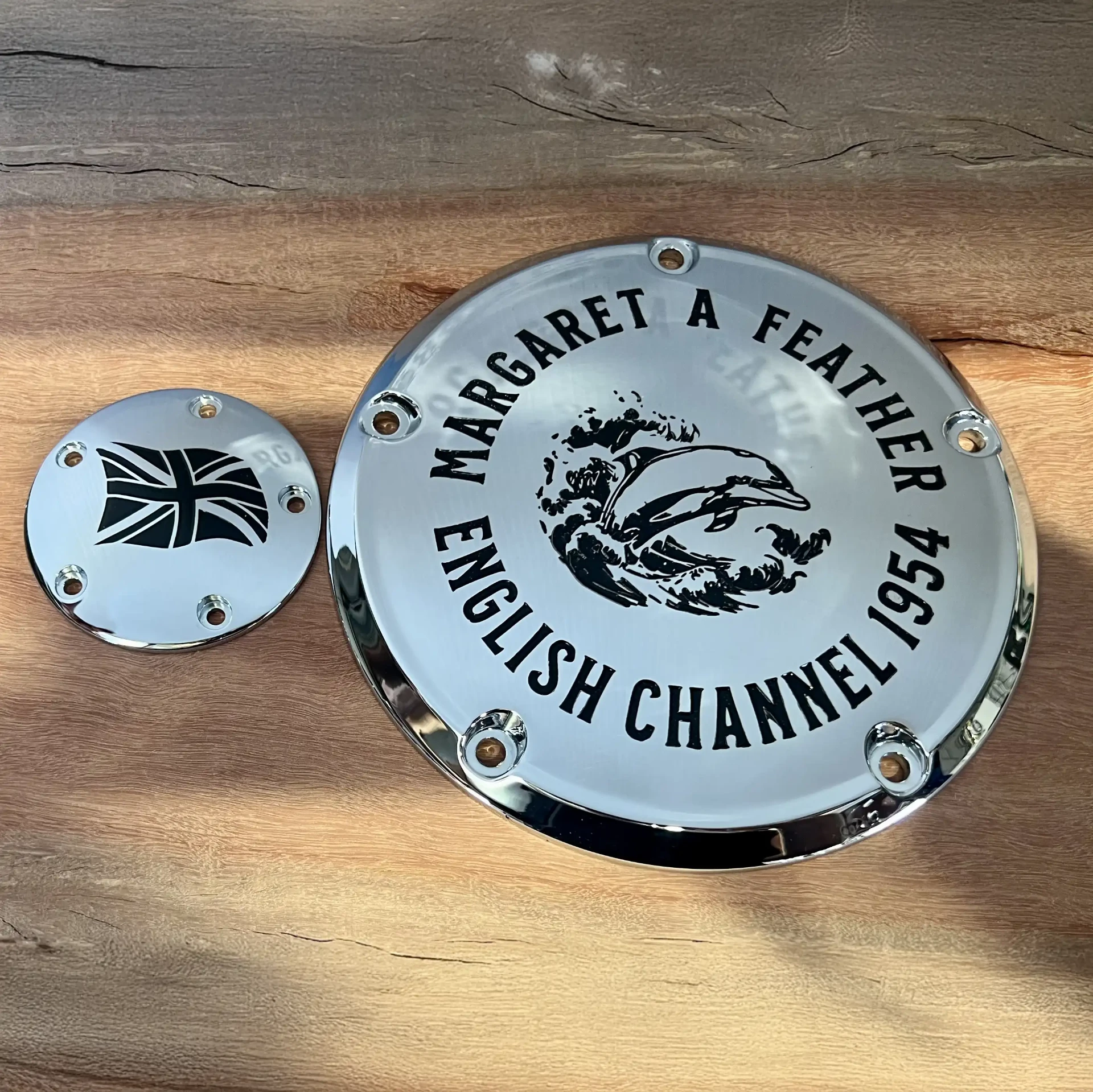 Matching custom engraved motorcycle Derby cover and timing cover