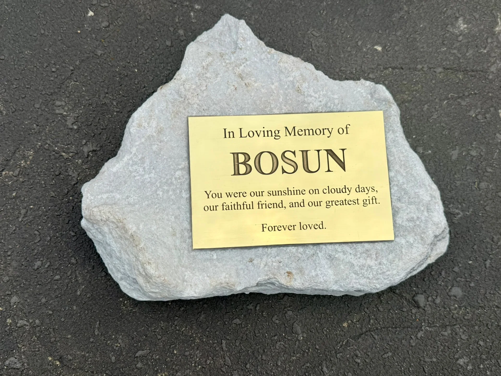 Brass pet memorial plaque for Bosun mounted on a natural stone
