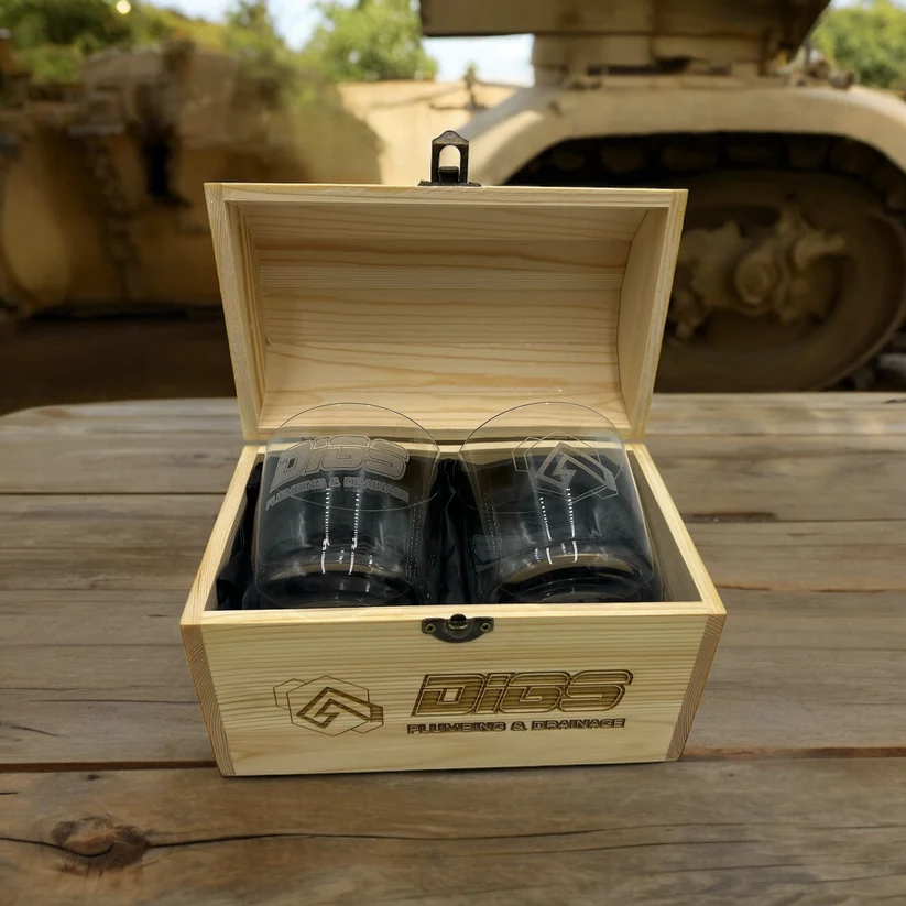 Two engraved whisky glasses presented in a personalised wooden box